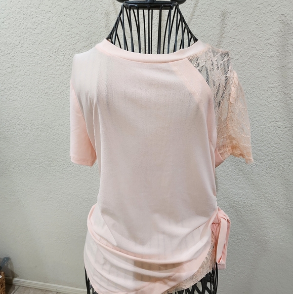 Floral Sleeve Lace Trim Top, peach color, size S - Picture 2 of 5